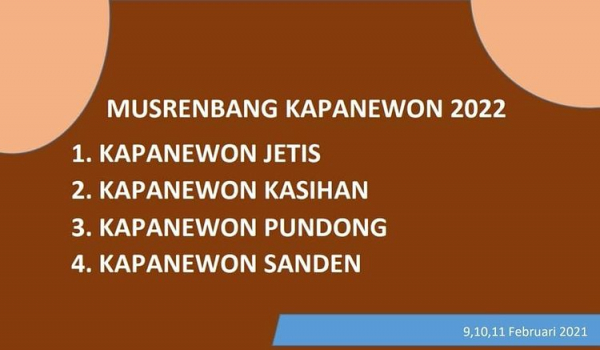 Musrenbang RKPD tahun 2022 Kapanewon di Kapanewon Jetis, Kapanewon Kasihan, Kapanewon Pundong, dan Kapanewon Sanden pada Minggu ke-2 Februari 2021